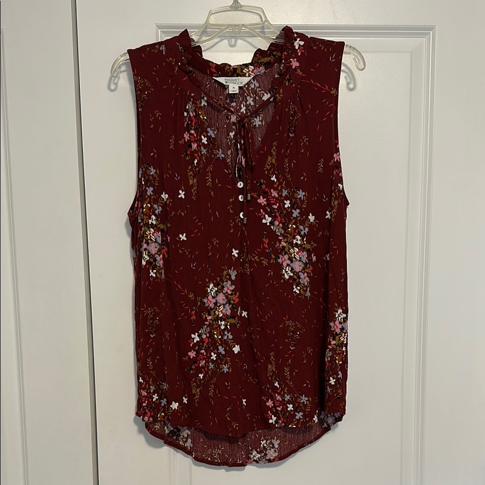 Market & Spruce Red Sleeveless Mandarin Collar Blouse